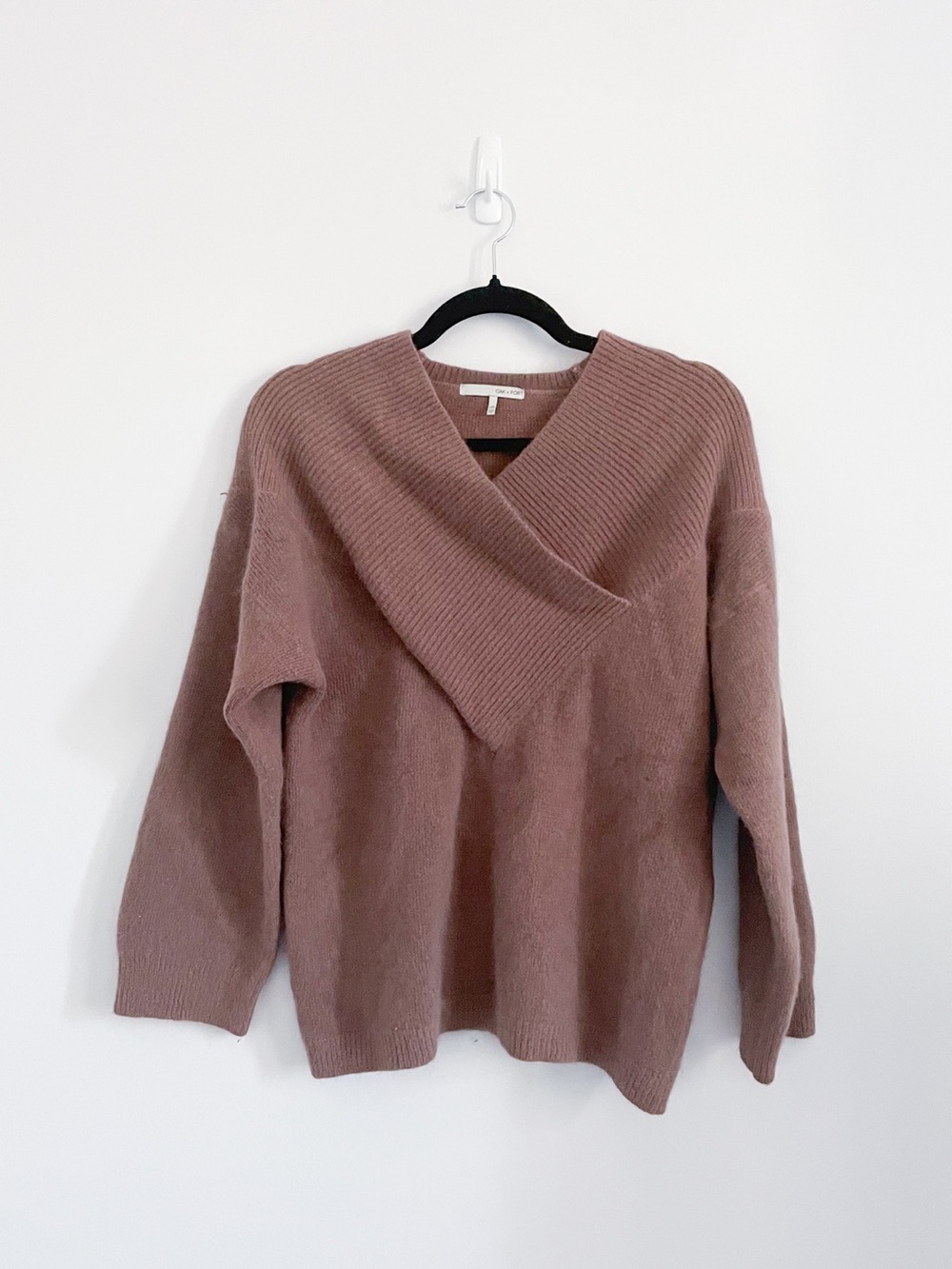 Oak + Fort • 80% Angora Taupe Brown Greige Cowl Wrap Neck Fuzzy Sweater • M/OS